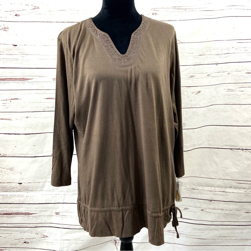 Talbots Top Women’s XL Brown 3/4 Sleeves Drawstring Beaded V-Neck Vintage